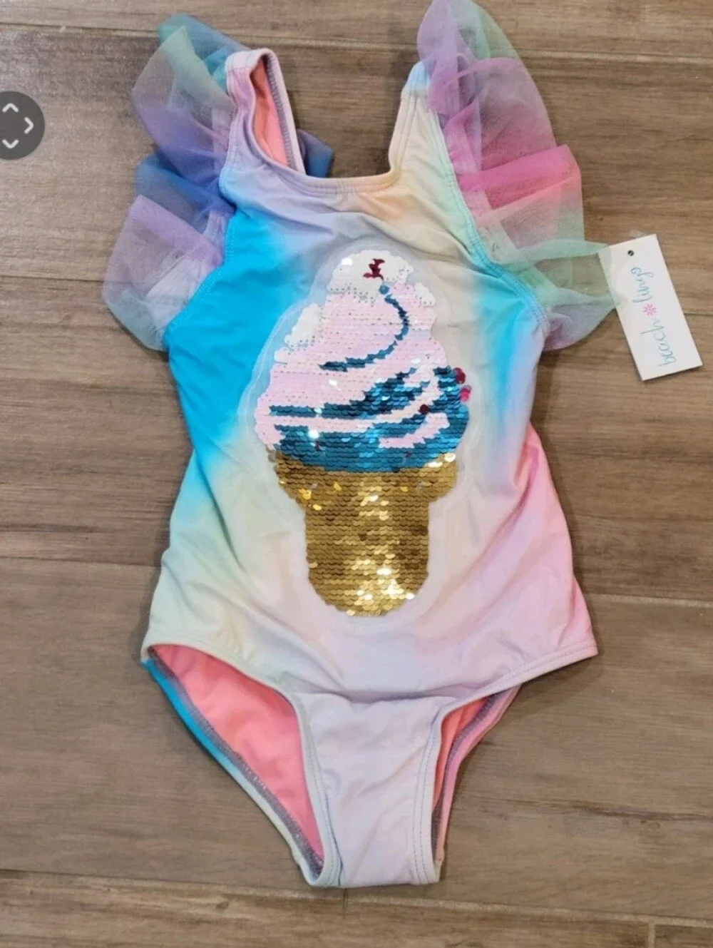 Beach Lingo Girls Sequin Ice Cream Rainbow Frill One-Piece Swimsuit SZ 3T NEW